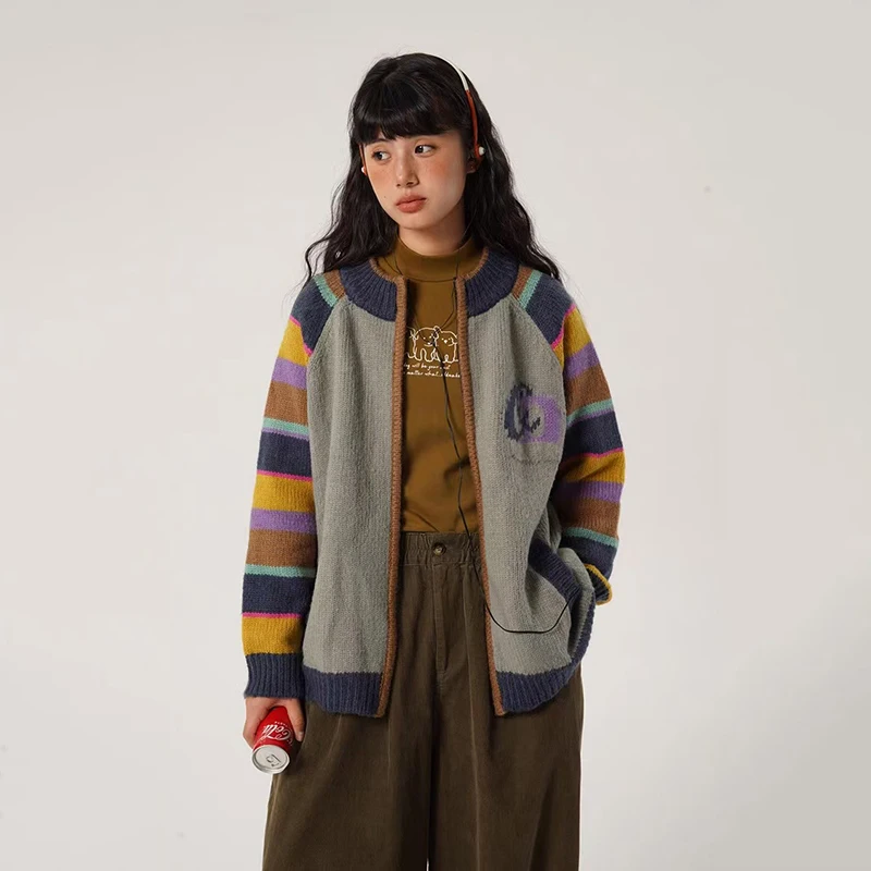 Vintage arco-íris listrado camisola para as mulheres inverno novo macio manga longa malha cardigan feminino harajuku solto o pescoço casaco com zíper