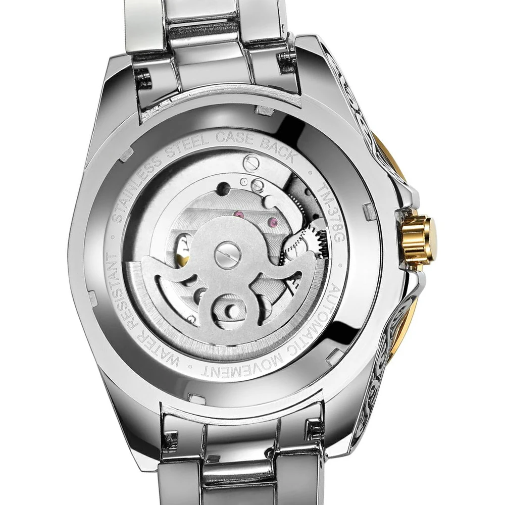 Forsining Luxury Gold Skeleton Mechanical Watches Moon Phase Retro Engraved Luminous Tourbillon Automatic Mens Watch Steel Strap