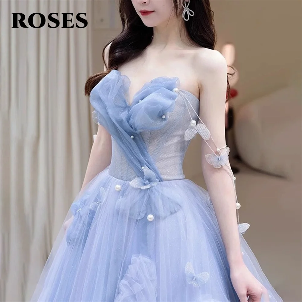 ROSES Blaue, elegante, schöne Ballkleider, Tüll, herzförmiges formelles Kleid mit Falten, A-Linie, Abendkleider für Damen, individuell gestaltet