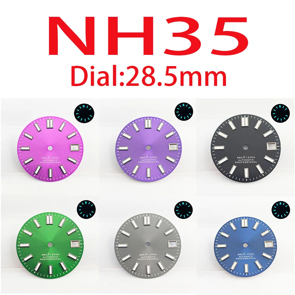 남성용 NH35 다이얼, 28.5mm 다이얼, 블루 야광, 자동 기계식 무브먼트, 39mm 케이스 스트랩, 시계 액세서리