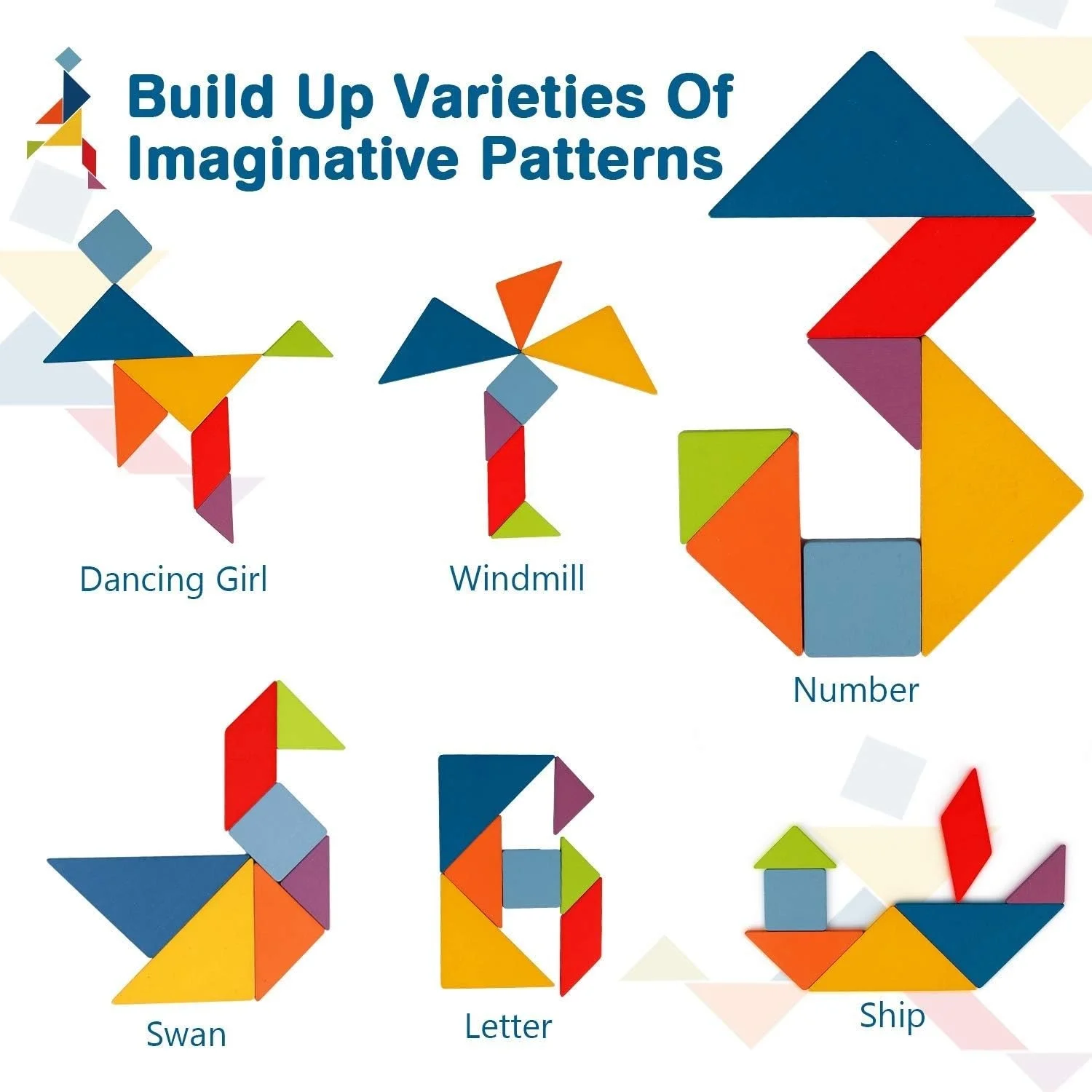 Wooden Tangrams Sets Pattern Blocks Shape Card Brain Teaser Puzzles Educational Toy Travel Games for Kids