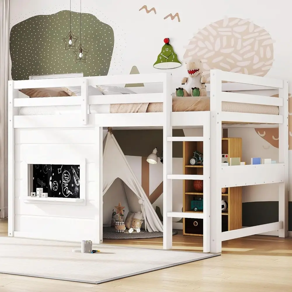 سرير علوي مزدوج أبيض مع مساحة تخزين، سبورة، ودرابزين للأطفال - نمط بيت اللعب