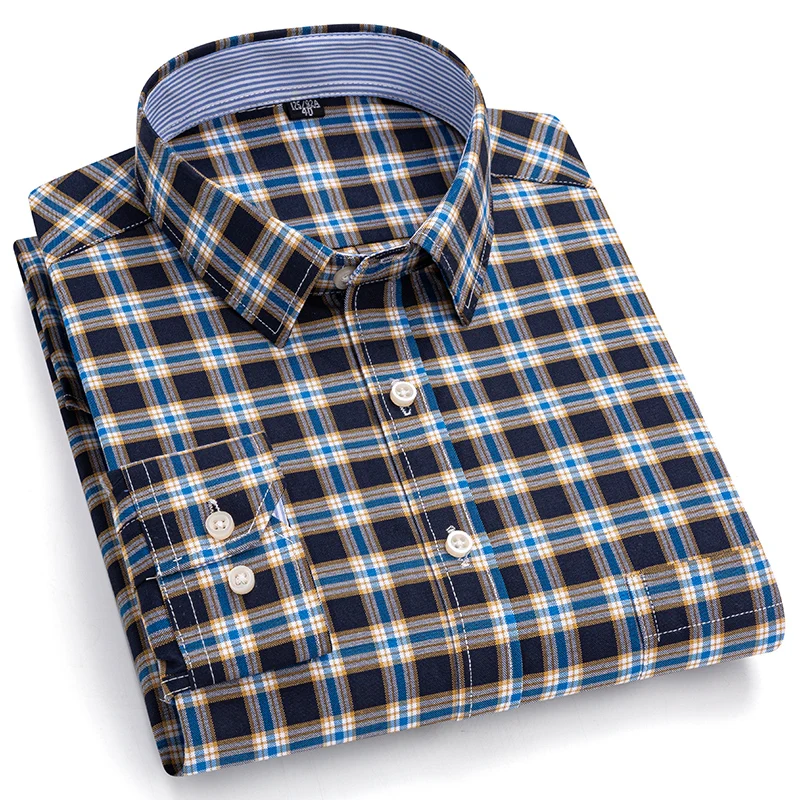 Men's Social Shirt Pure Cotton Oxford Luxury Brand Thin Soft Buttoned Plaid Formal Work Western Clothing