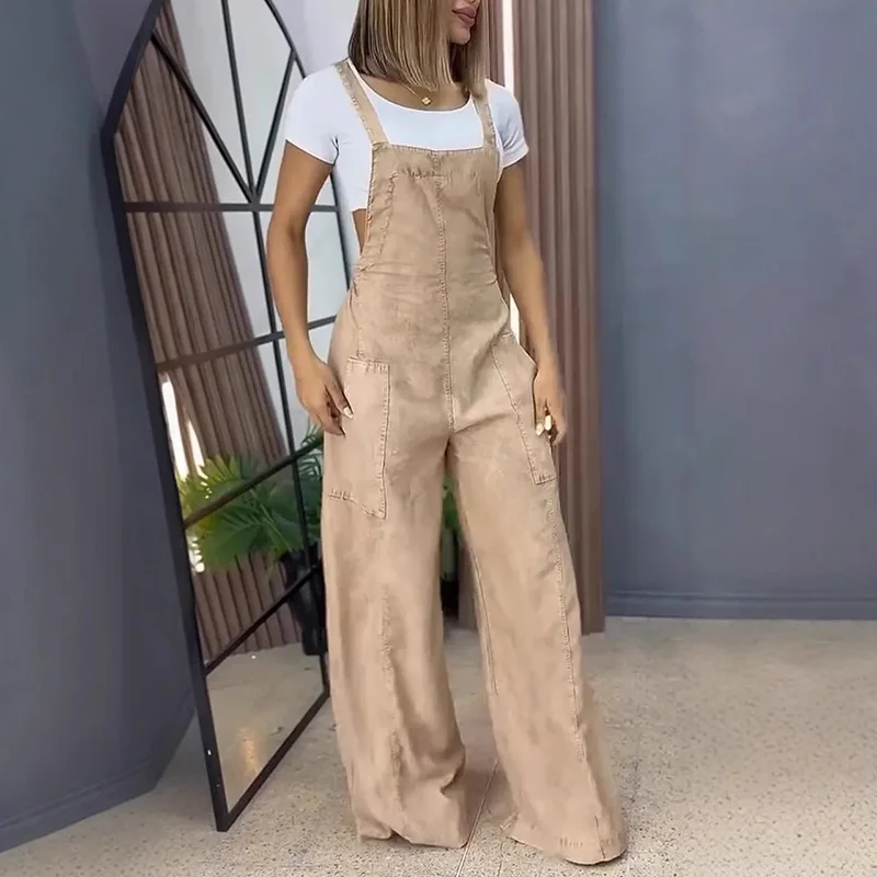 

Sexy Off Shoulder Washed Denim Jumpsuits Elegant Sleeveless Loose Suspenders Romper Women Fashion Wide Legger Pocket Playsuits