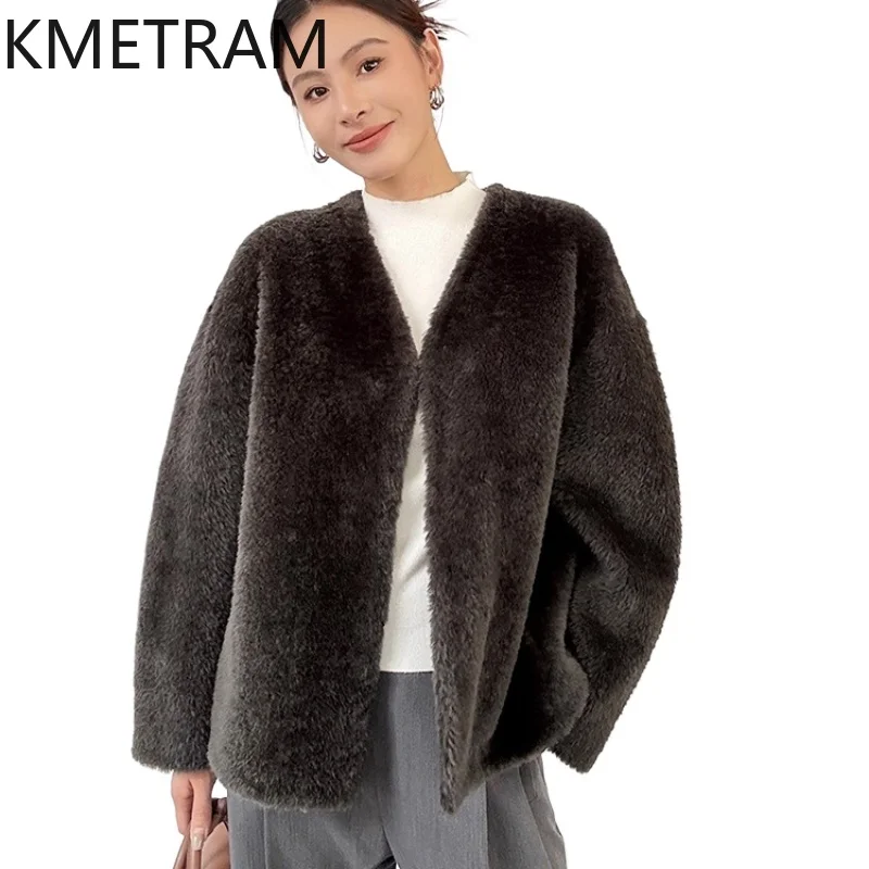 

100% Natural Lagon Wool Sheepskin Double Faced Fur Coat Woman Luxury Short V-neck Real Fur Jacket Women Winter Clothes 2025 шуба