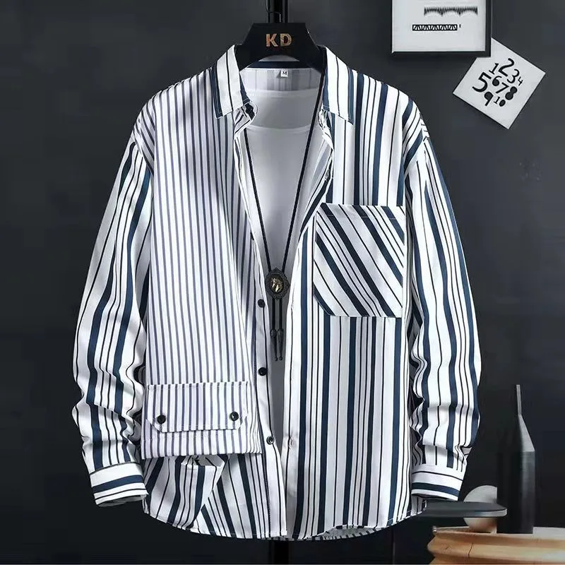 Striped Long-sleeved Shirt Men's Loose Korean Version Trendy Shirts Spring Ins High Street Design Sense Lapel Drape Work Shirt