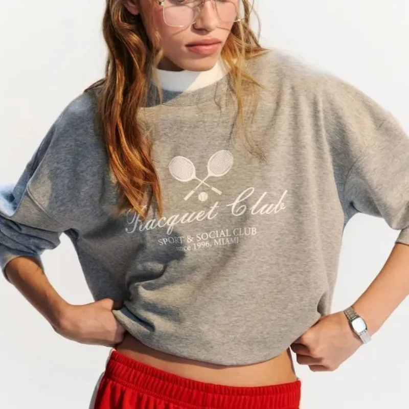 Sudaderas con estampado de insignia para mujer, Jersey holgado de gran tamaño a la moda francesa, camisas grises de manga larga para otoño, ropa de calle Y2K