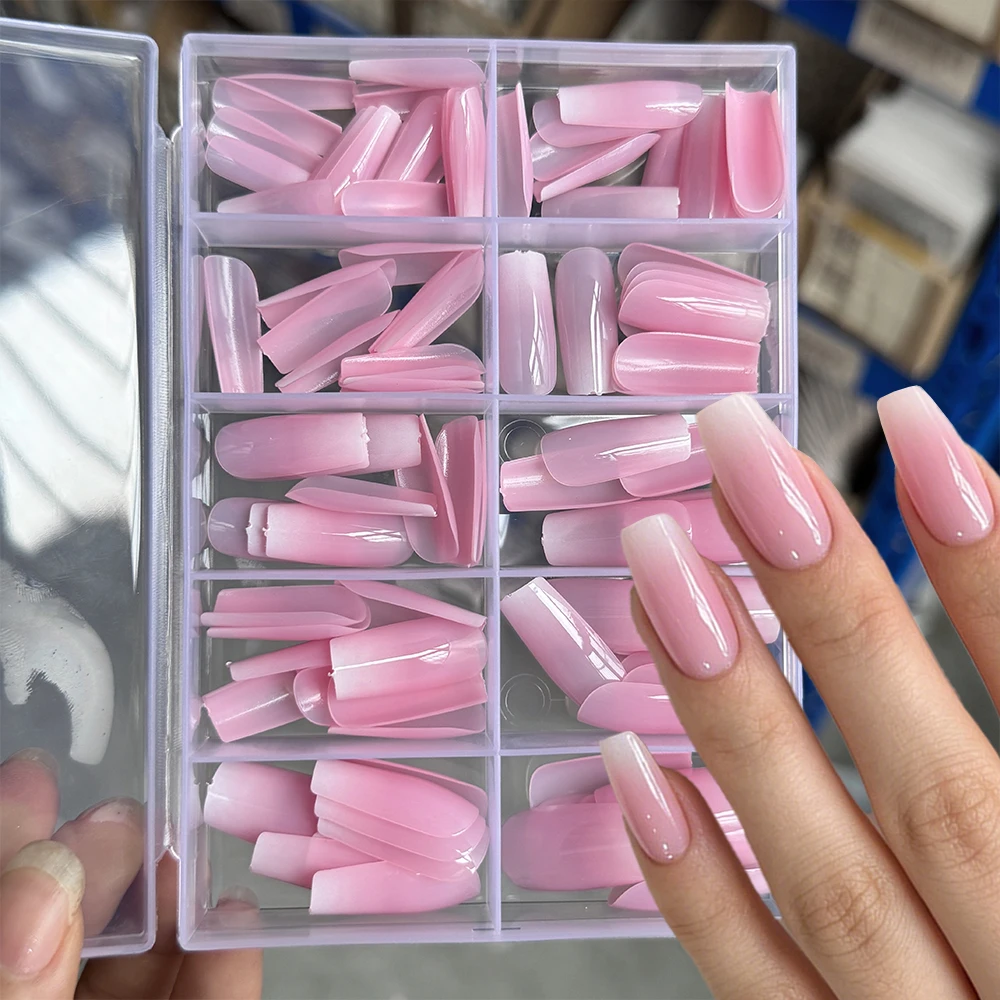 120Pcs Ombre Pink Medium-length Ballet Fake Nails Glossy Simple Pink Blush Gradient French Press On Nails Full Cover False Nails