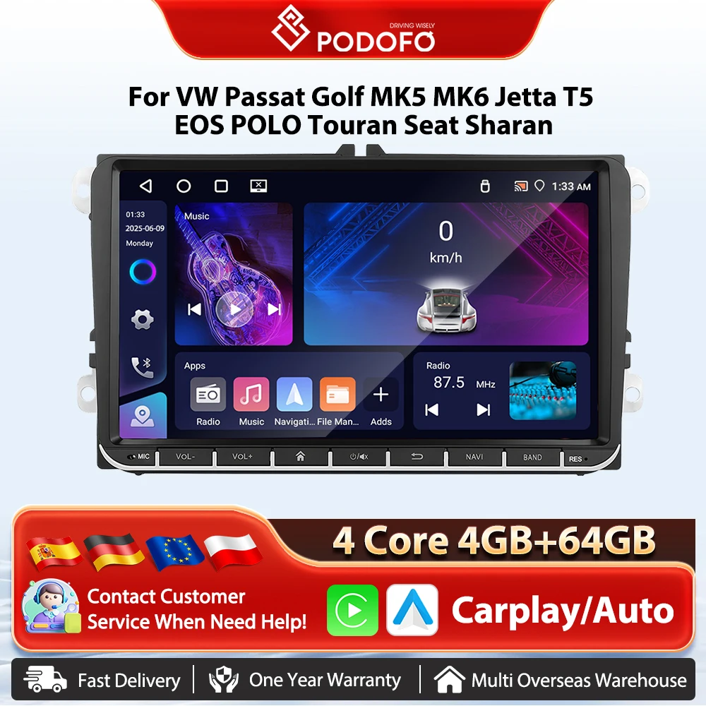 Podofo 4+64G Android 2Din Autoradio Stereo GPS Navigation 9'' für VW Passat Golf MK5 MK6 Jetta T5 EOS POLO Touran Seat Skoda