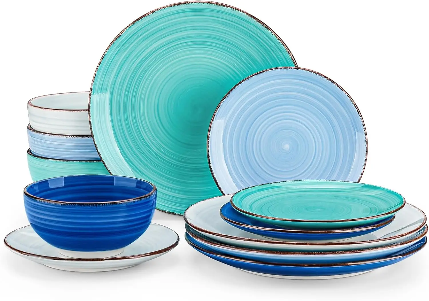 

Bonita Dinnerware Set Blue Stoneware 12 Pieces Service for 4, Handpainted Spirals Pattern Stoneware Plates and Bowls Set