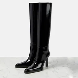 Classic Black Patent Leather Knee High Boots Pointy Toe Block Thin Heels Sewing Fashion Women Cool Girl Spring Casual Daily Boot