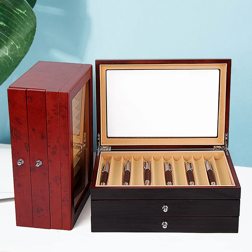 

Vintage Pen Box with 34 Compartments, Large Capacity, 3-Tier Design, Velvet Lining, Rosewood and MDF Construction, Retro Style