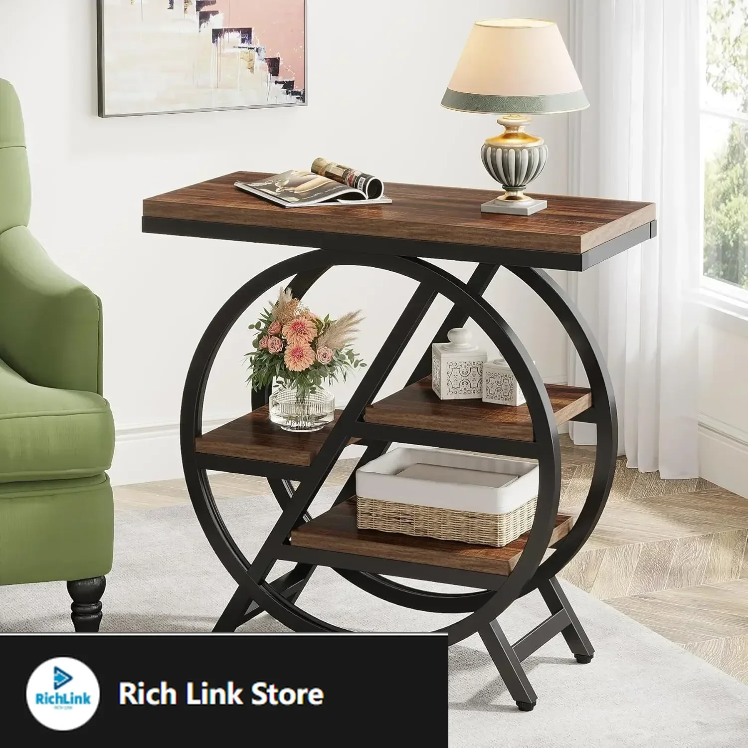 

End Table for Living Room, 3-Tier Narrow Side Table with Storage, Wood Sofa Side Table with Geometric Metal Frame, Nightstand