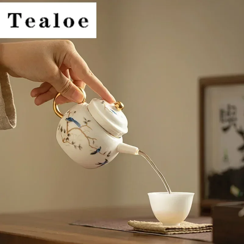 Suet Jade Porcelain Chinese Kettle Birds Teapot Tree Tea Ceremony Set Milk Oolong Tea Tie Guan Yin Golden Teaware Type