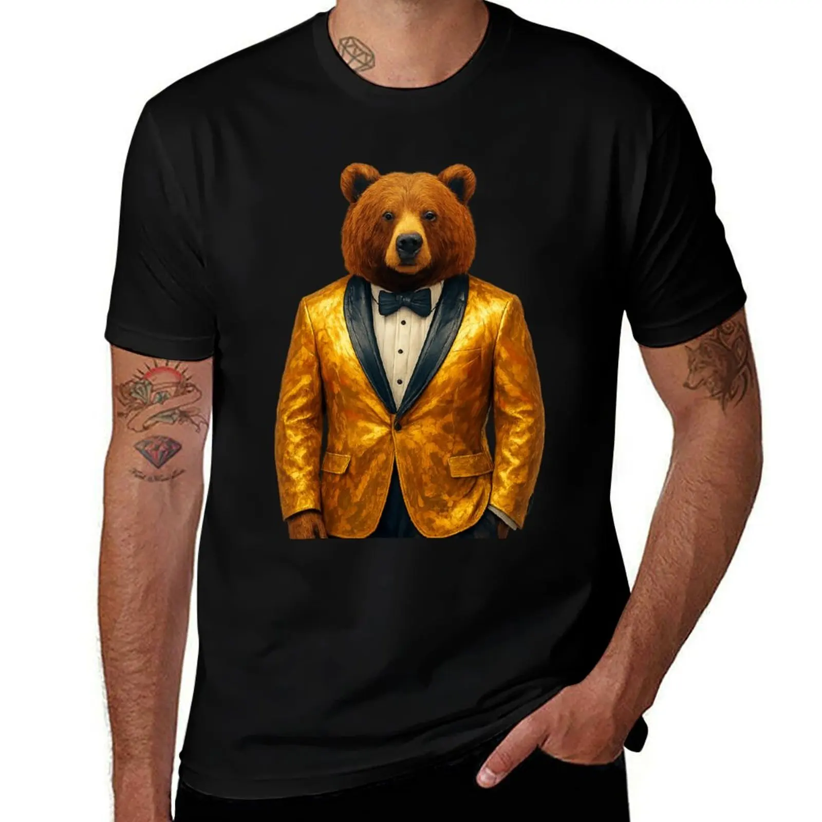 

Dapper Bear in Gold Blazer – Red Carpet Glam Beast T-Shirt anime shirt customs Aesthetic clothing t shirts for men cotton