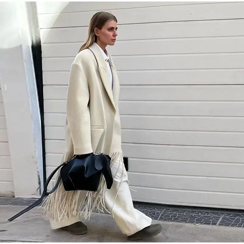 Gabardina de lana con borlas para mujer, abrigo elegante con cuello vuelto, chaqueta de manga larga y bolsillo, moda urbana, Otoño, 2024