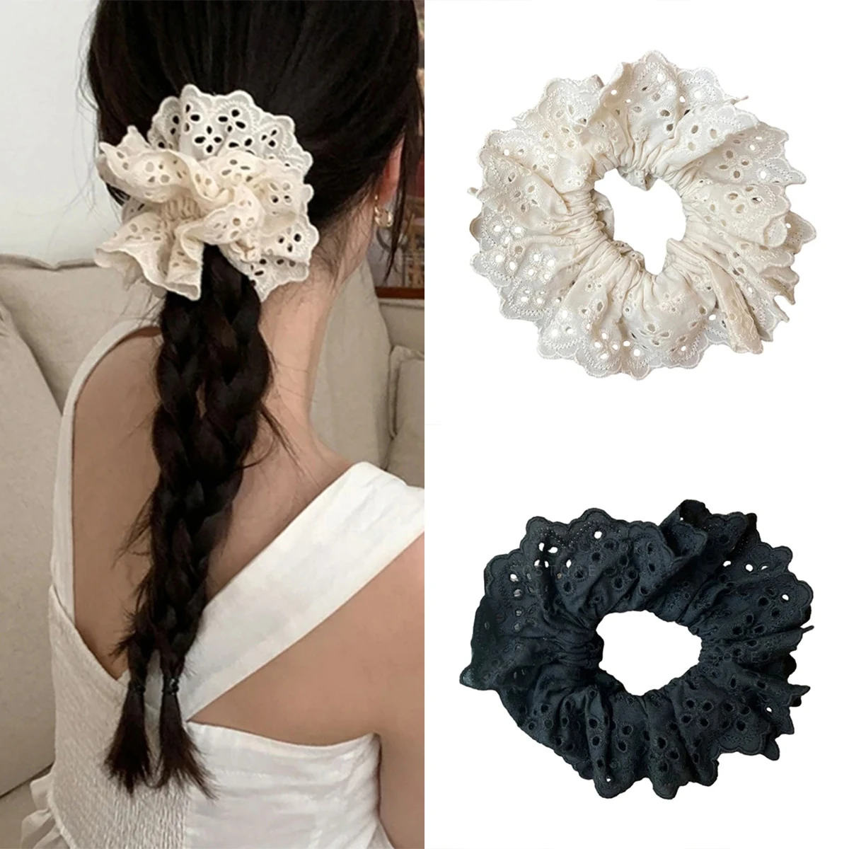 Hollow Lace Scrunchies Hair Ties Romantic Handmade Double Layer Flower Cotton Ponytail Women Hair Bands Fashion Accessories