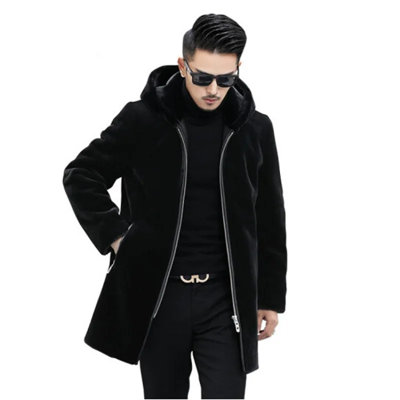 Autumn Winter Hooded Long Sleeve Faux Fur Coat Men Windproof Windbreaker Zipper Long Sleeve Thick Warm Jacket Business Casual
