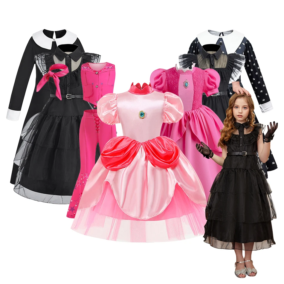 Girls Pink Bubble Sleeve Ball Gown Children Princess Dresse Girls Addams Black Dress Kids Halloween Carnival Cosplay Dresses