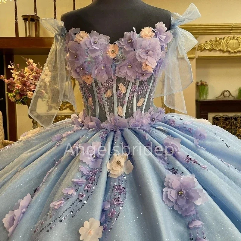 Angelsbridep Blue And Purple Vestido De 15 Años Ball Gown Quinceanera Dress Evening Party Dresses 3D Appliques Lace Up