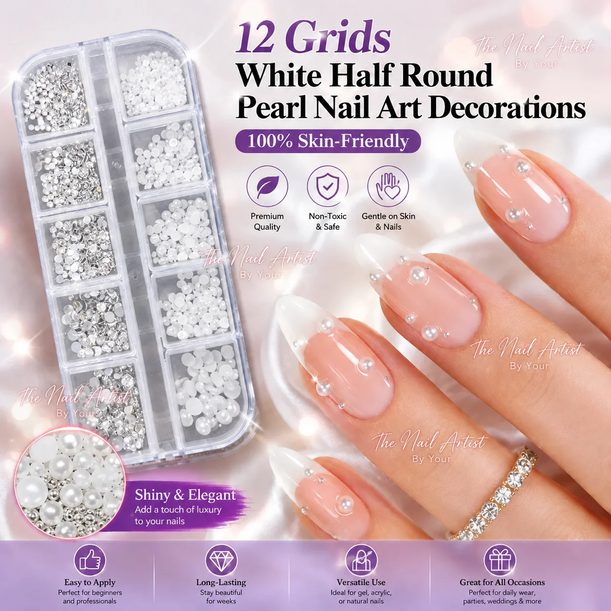 12 Grades de Decoração de Unhas com Pérolas Brancas Meia-Pérola, Tamanhos Variados, Rebites de Aço Mini Prateados e Dourados, Strass e Acessórios para Unhas