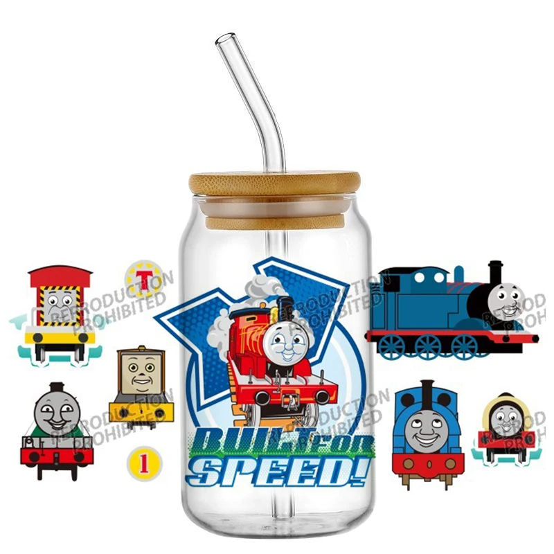 الكرتون قطار توماس UV DTF نقل ملصق ل 16 أوقية كوب يلتف الزجاج ليبي يمكن زجاجة ذاتية اللصق قابل للغسل لتقوم بها بنفسك الشارات المخصصة