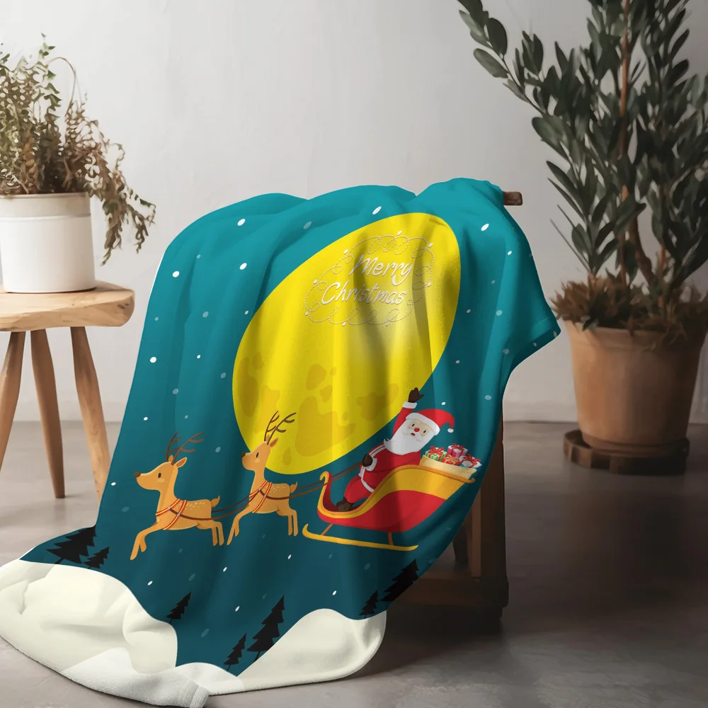 TU Cozy Christmas Throw Blanket Festive Reindeer Santa Claus Holiday Flannel Bedspread Gift Decor Warm Soft Home Decorating