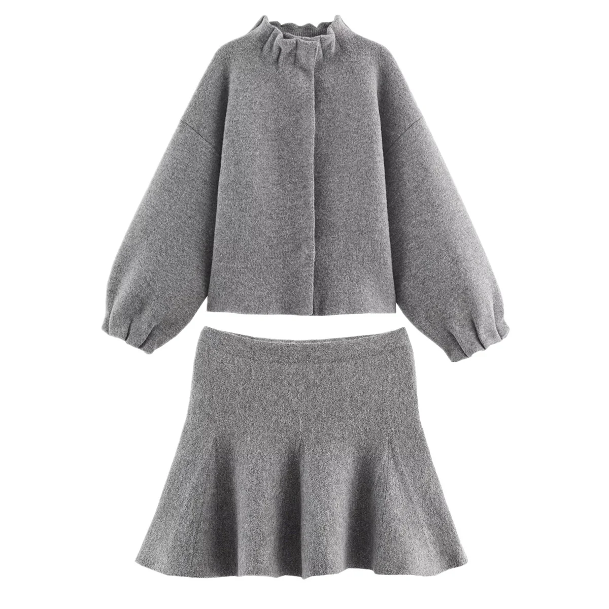 

Dave&Di Nordic Minimalist Winter Gray Knitted Jacket And Skirt Set French Elegance Bomber Jacket A-line Mini Skirt Suits