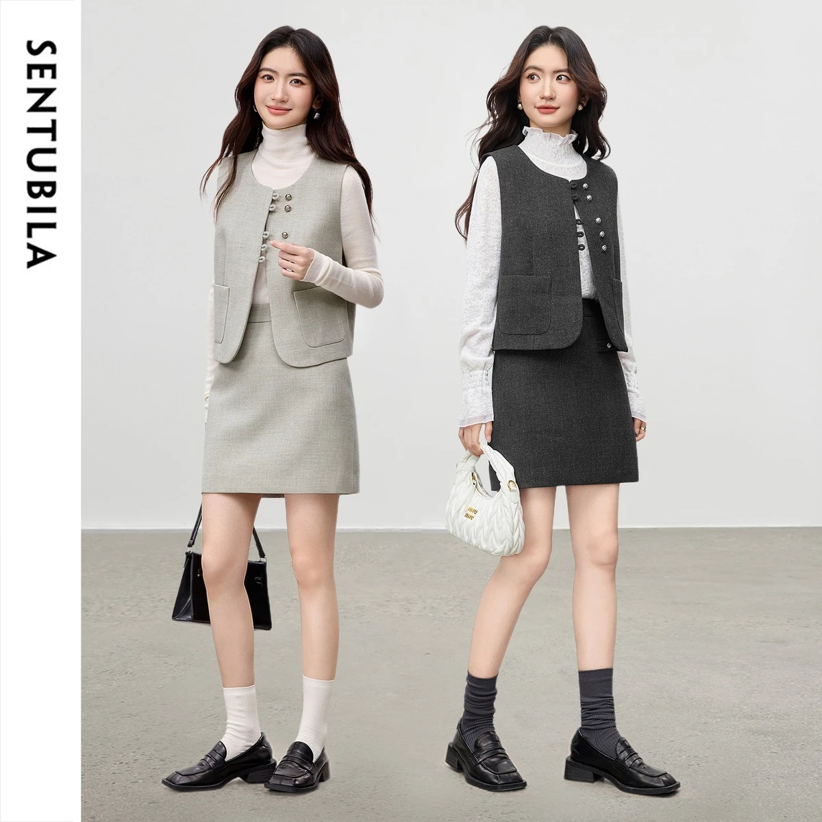 

SENTUBILA Women's 2 Piece Set Winter 2026 New Commuter Style Metal Buckle Vest Top & High Waisted Straight Skirt 154ZA3948