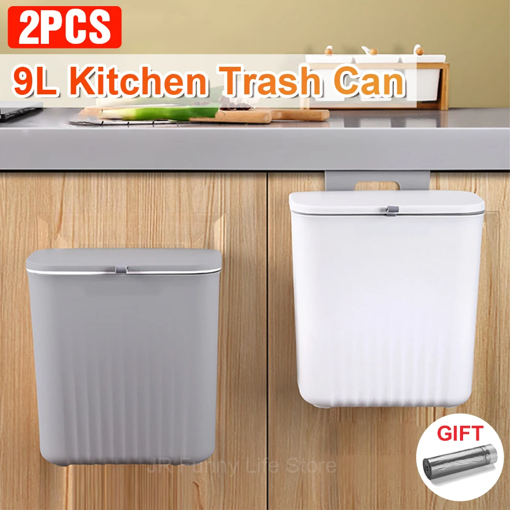 1-2PCS 9L kitchen Hanging Trash Can with Lid Wall mounted Kitchen Garbage Cube For Cabinet Door Recycling Garbage basket