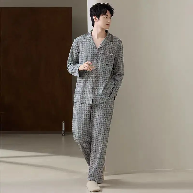 بيجامات رجالية عالية المظهر ومتعددة الاستخدامات بأكمام طويلة، وأزرار، كاجوال ويمكن ارتداؤها، وملابس منزلية فضفاضة