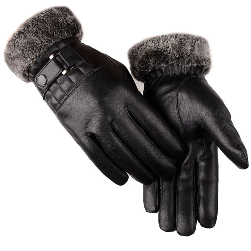 Winter Skiing Driving Motorcycle Plus Velvet Thicken Warm Touch Screen Gloves Faux Fur Gloves Leather Mittens