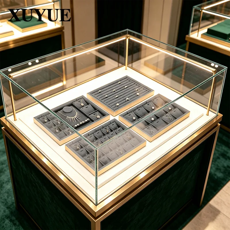 New Jewelry Display Tray with Metal Right Angle Frame Grey Flocked Tray Counter Showcase for Necklace Ring Earring