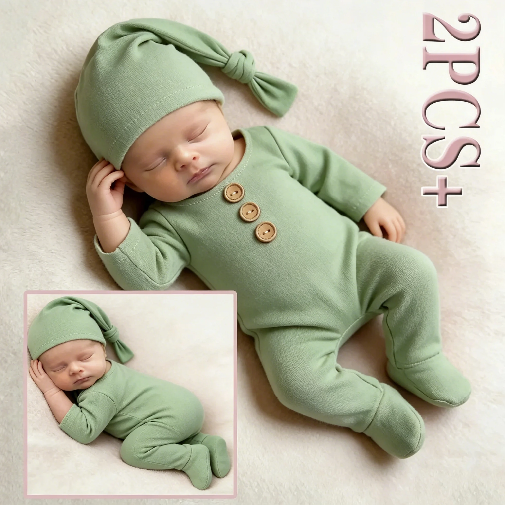 Ylsteed Mono de invierno de manga larga con botones y patucos, gorro para fotografía de bebé, monos dulces para bebé, conjunto de recién nacido para volver a casa - HD