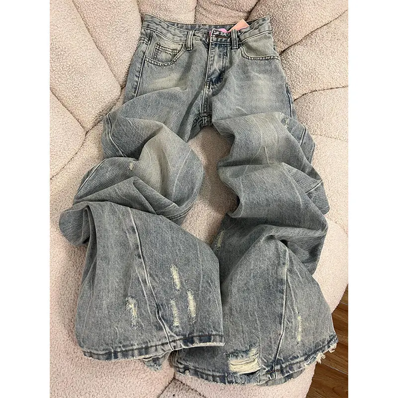 

Ripped and frayed denim bell-bottom pants for petite women, versatile style2025Fashionable high-waisted wide-leg pants for summe