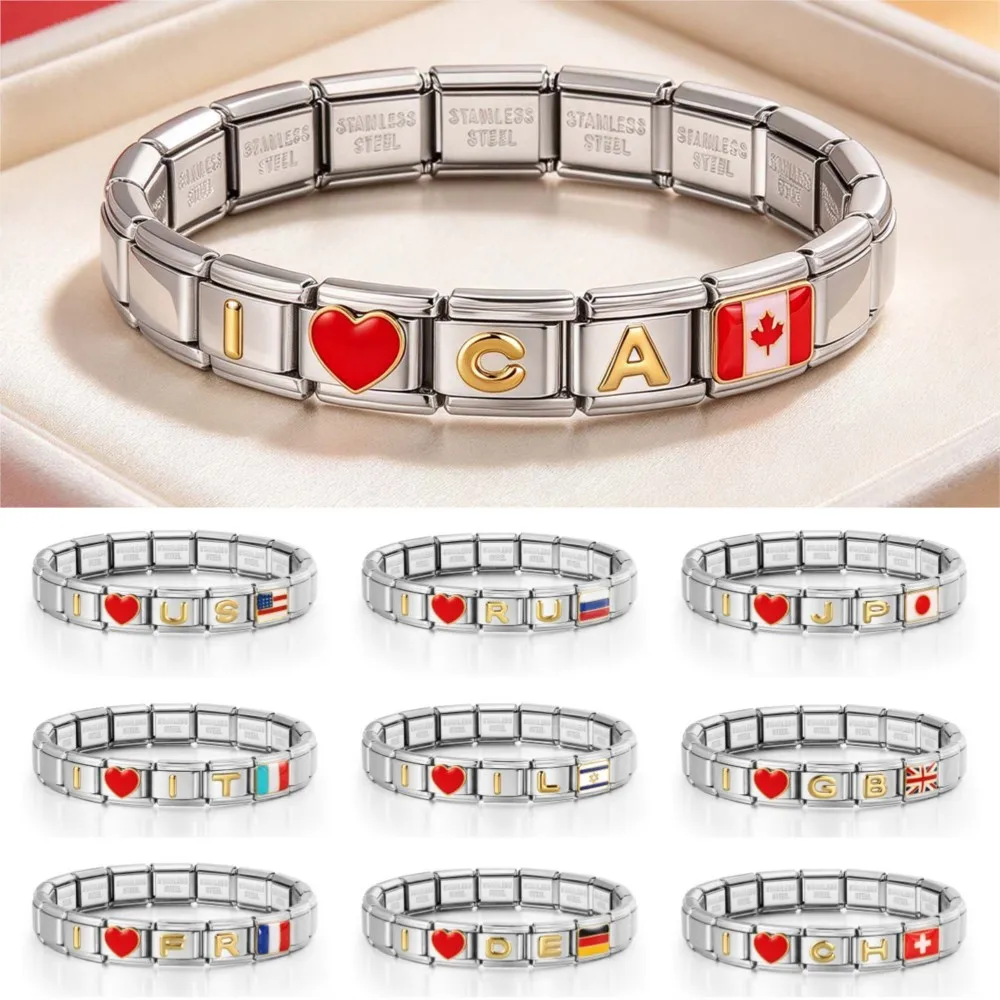 Italian Link Charms Bracelets US/FR/DE/RU Silver Color 9mm Stainless Steel Beads DIY Jewelry Gifts Women Men Fashion Accessories
