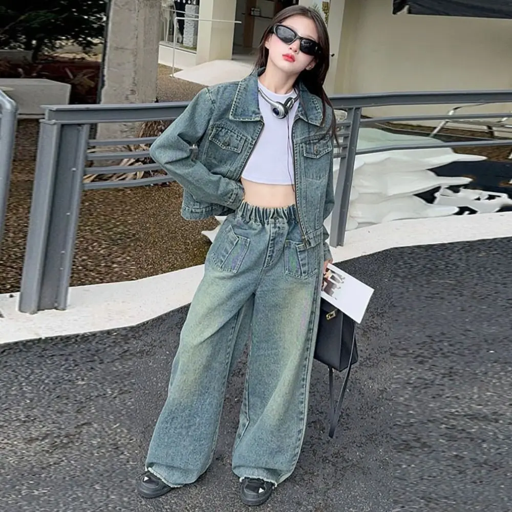 

Outfits Y2K Children Cowboy Set Loose Teens Jeans Jacket Suit Wide Leg Pants Retro Girls Clothes Set Summer Autumn