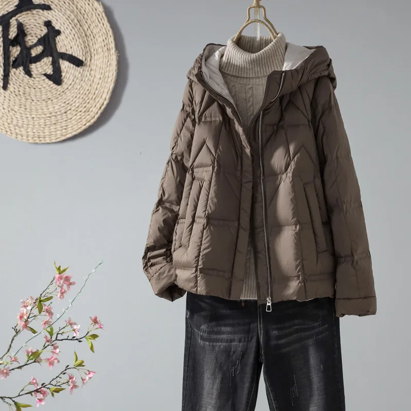 Women's Loose Hooded Down Jacket Ultra Light Portable White Duck Down Winter Coats Fashion Casual Warm Outerwear  пуховик JK-249