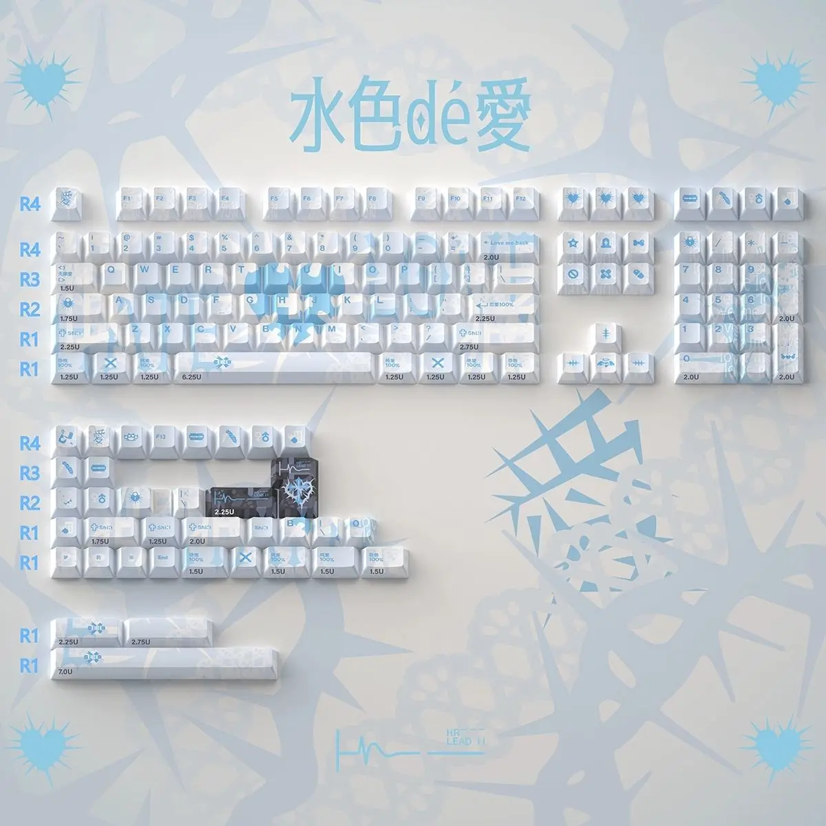 Aqua-colored love keycaps PBT hot sublimation 144 keys original factory highly suitable for VGN/tarantula and other mechanical k