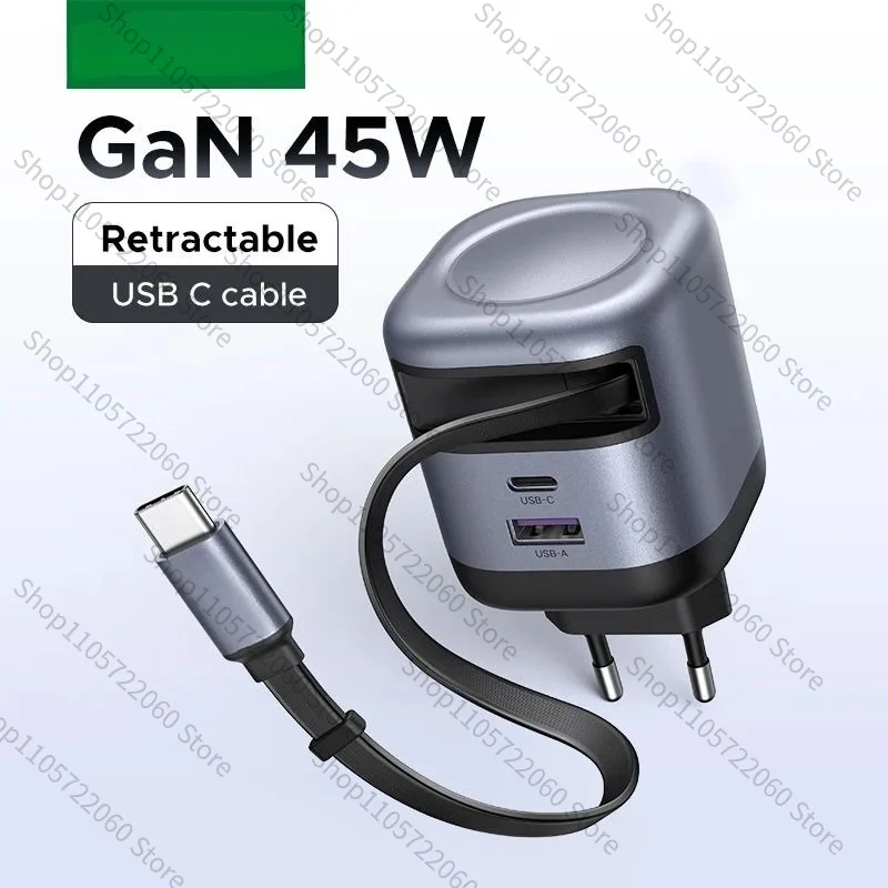 For 45W Gallium Nitride Charger Built-In Retractable Cable, Multi Protocol Fast Charger UFCS PPS QC3.0 PD3.0 Power Adapter