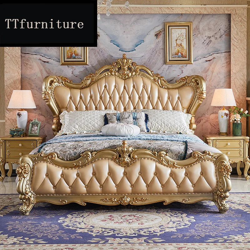 

Modern European Solid Wood Bed Fashion Carved Luxurious French Bedroom Set Furniture King Size Jxj14