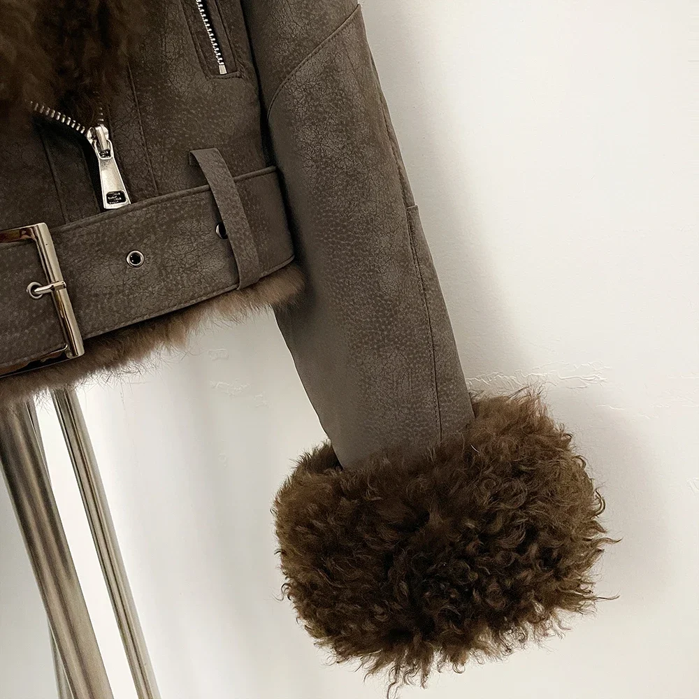 OFTBUY Winter-Pelzkleidung für Damen, Kurze Bikerjacke aus Wildleder, Echtes Kaninchenfell-Futter, Lockiges Lammfell, Gürtel, Vintage-Mantel – Detail 5
