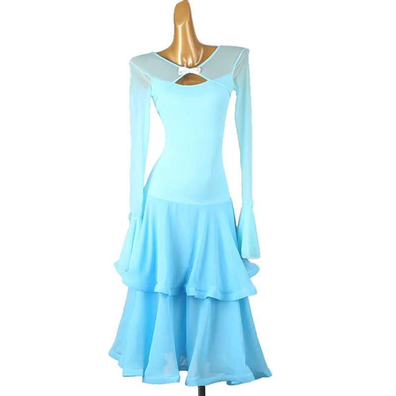 V‑neck flare long sleeve dance dress with bow decoration on neckline and double ruffle layered skirt,suitable for ballroom dance