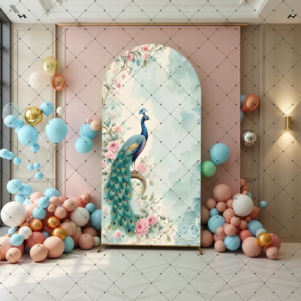 Custom 2-Sided India Yashoda and Krishna Peacock Birthday Party Baby Shower Cover Chiara Arch Background Decor Backdrop