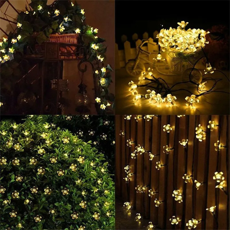 8 Modes Cherry Blossoms String Lights Solar Outdoor LED Sakura Light Decor Wedding Garden Tree Fence Christmas Party Holiday