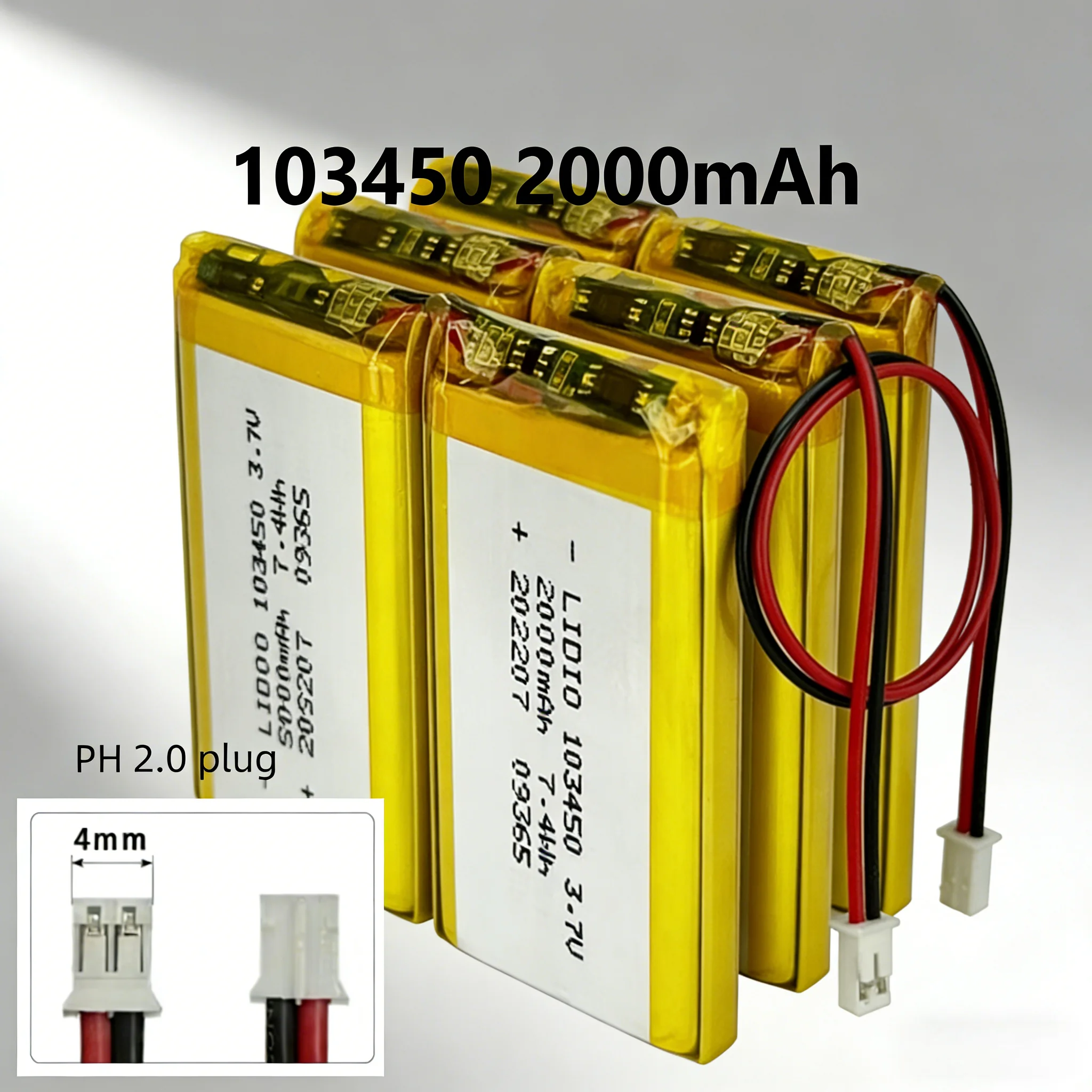 Hotsale 103450 3.7V 2000mAh Polymer Lithium Rechargeable Battery JST PH 2.0mm 2Pin Plug for Camera GPS Navigator MP5 Headset