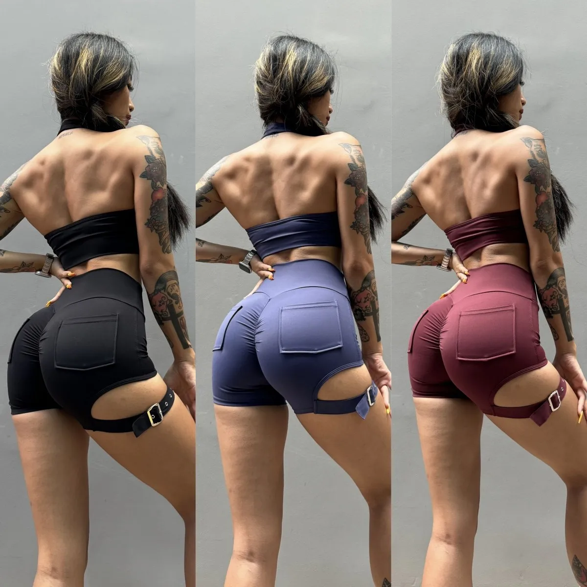 Tooling Pocket Hip Lift Fitness Shorts Women's Adjustment Leg Ring Sports Peach Hip High Waist Yoga Pants Nylon