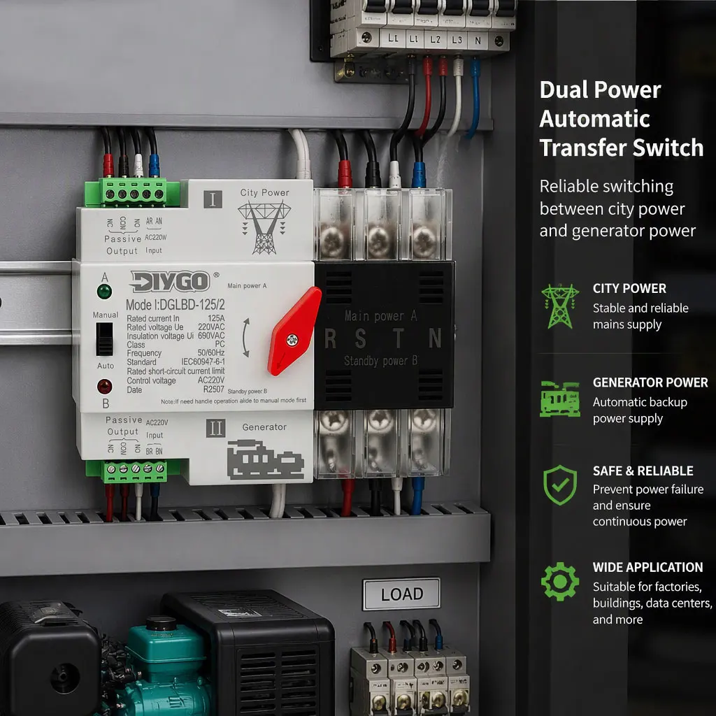 DIY GO Uninterrupted ATS Dual Power Automatic Transfer Switch Electrical Selector Switch Power Electricity supply to generators