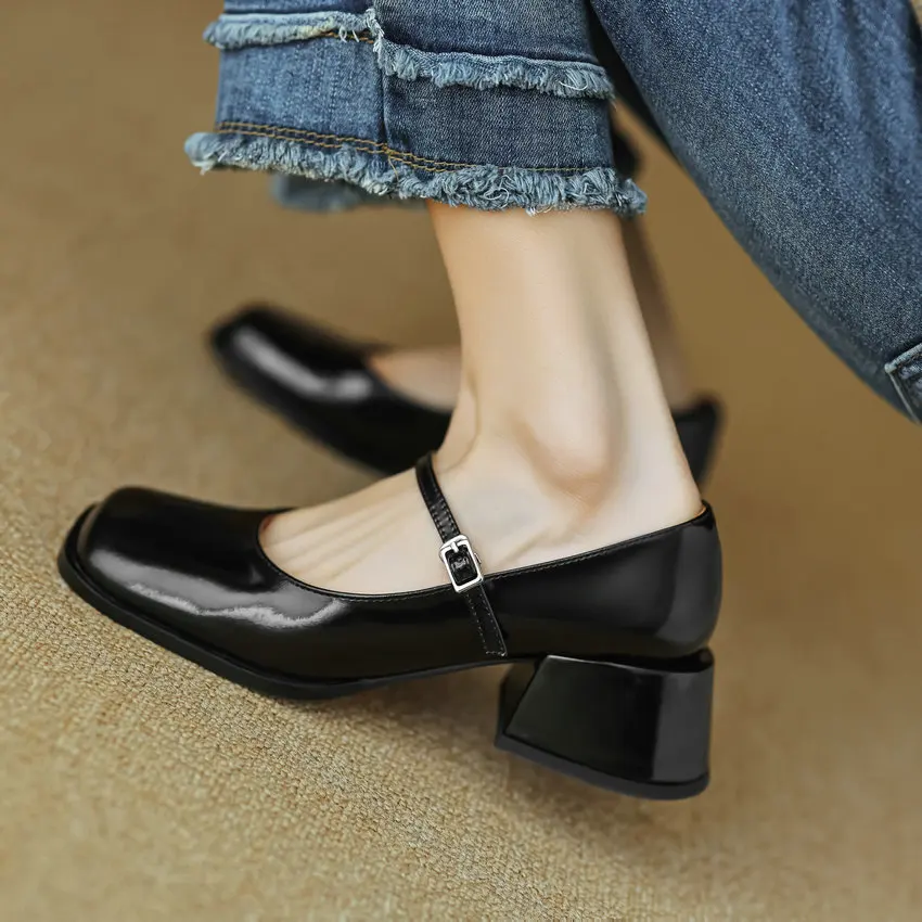 QUTAA 2024 Med Heel Women Pumps Spring Summer Genuine Leather Round Toe Buckle Strap Mary Janes Shoes Woman Size 34-40