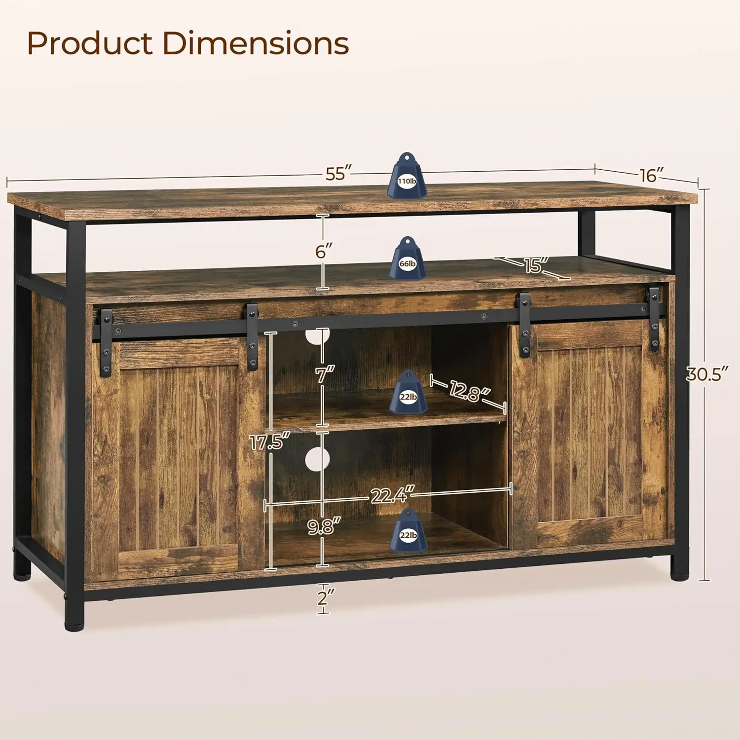 55in Farmhouse Coffee Bar Cabinet, Sideboard Buffet Cabinet | Rustic Brown TV Storage Cabinet with Sliding Barn Doors for Living